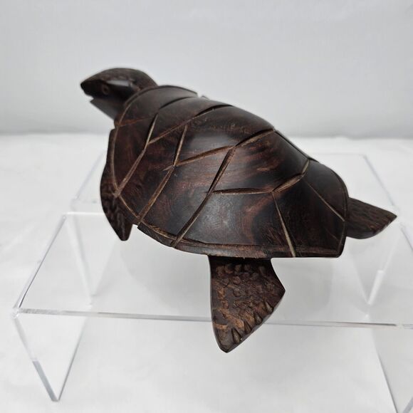 Turtle Figure Wood Hand Carved Beautiful Details Dark Brown Solid 8" x 5.75" - Picture 6 of 12